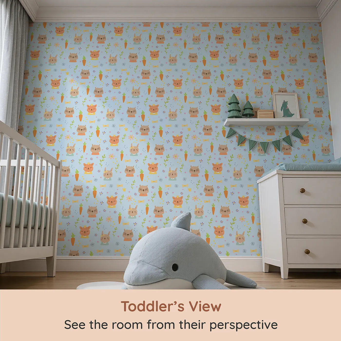 Whimsy Tots Meadow Crown Friends Wallpaper in Blue (W3168D) from your child's view.Royal forest friends bloom under a cheerful blue sky.