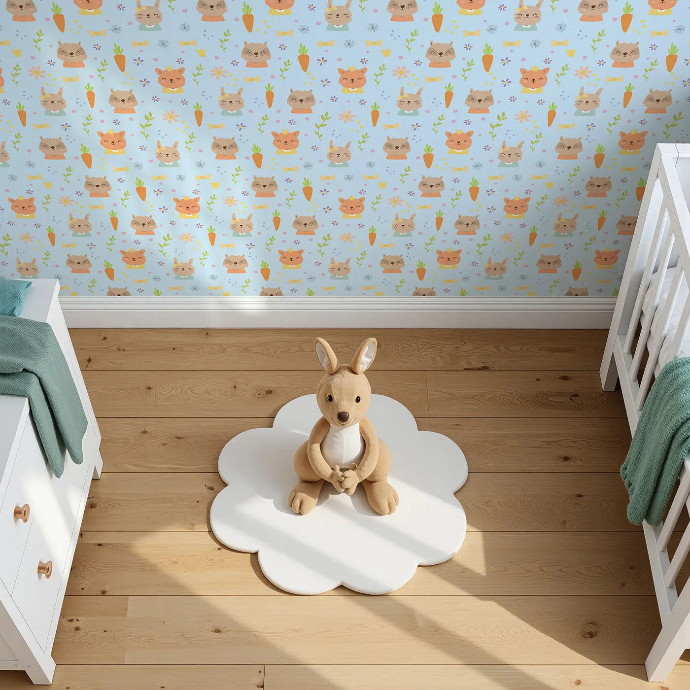 Top-Down view of Whimsy Tots' Meadow Crown Friends Wallpaper in Blue (W3168D).Royal forest friends bloom under a cheerful blue sky.