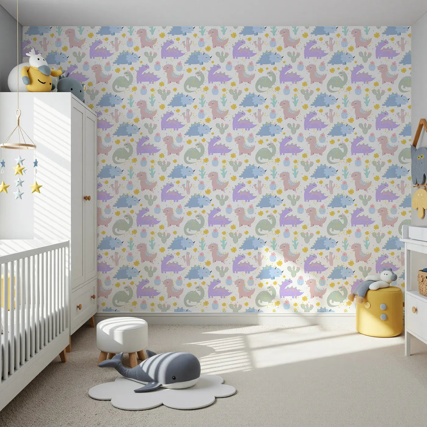 Front view of Whimsy Tots' Cactus Dino Parade Wallpaper in White