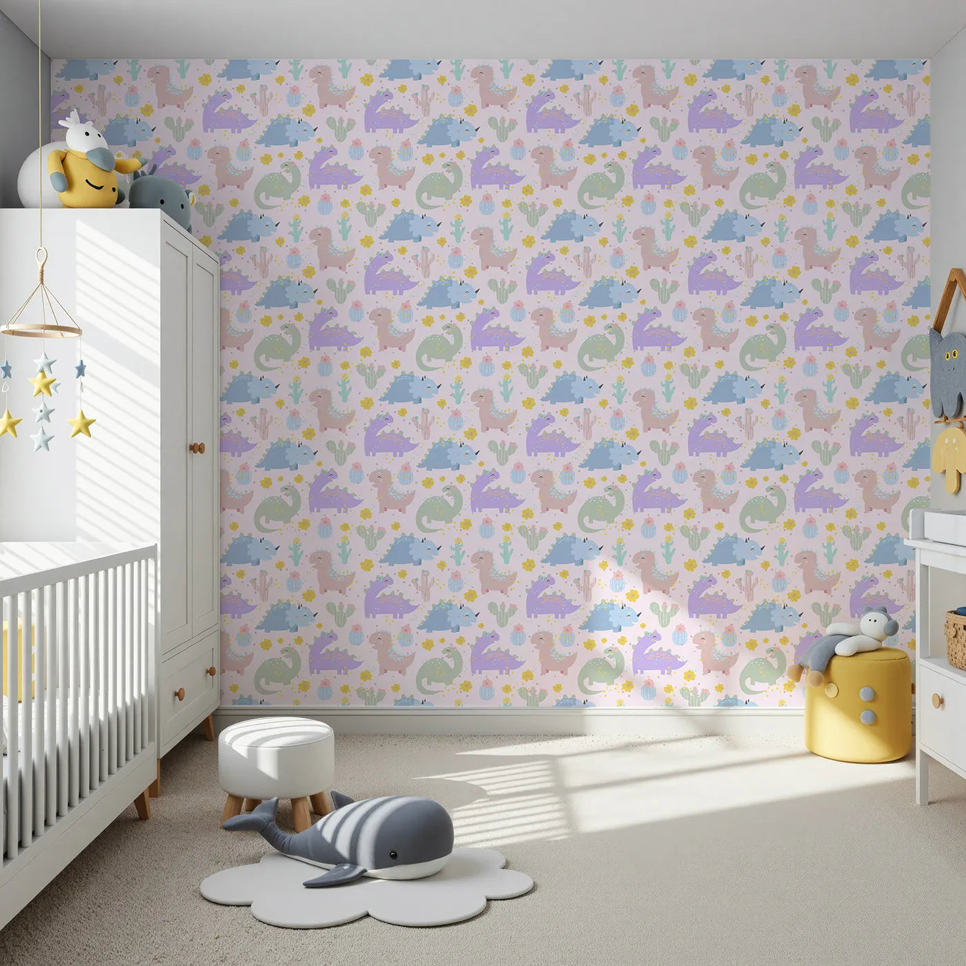 Front view of Whimsy Tots' Cactus Dino Parade Wallpaper in Blush Pink