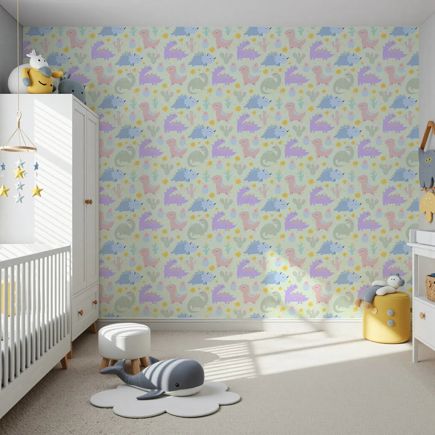 Front view of Whimsy Tots' Cactus Dino Parade Wallpaper in Mint Green