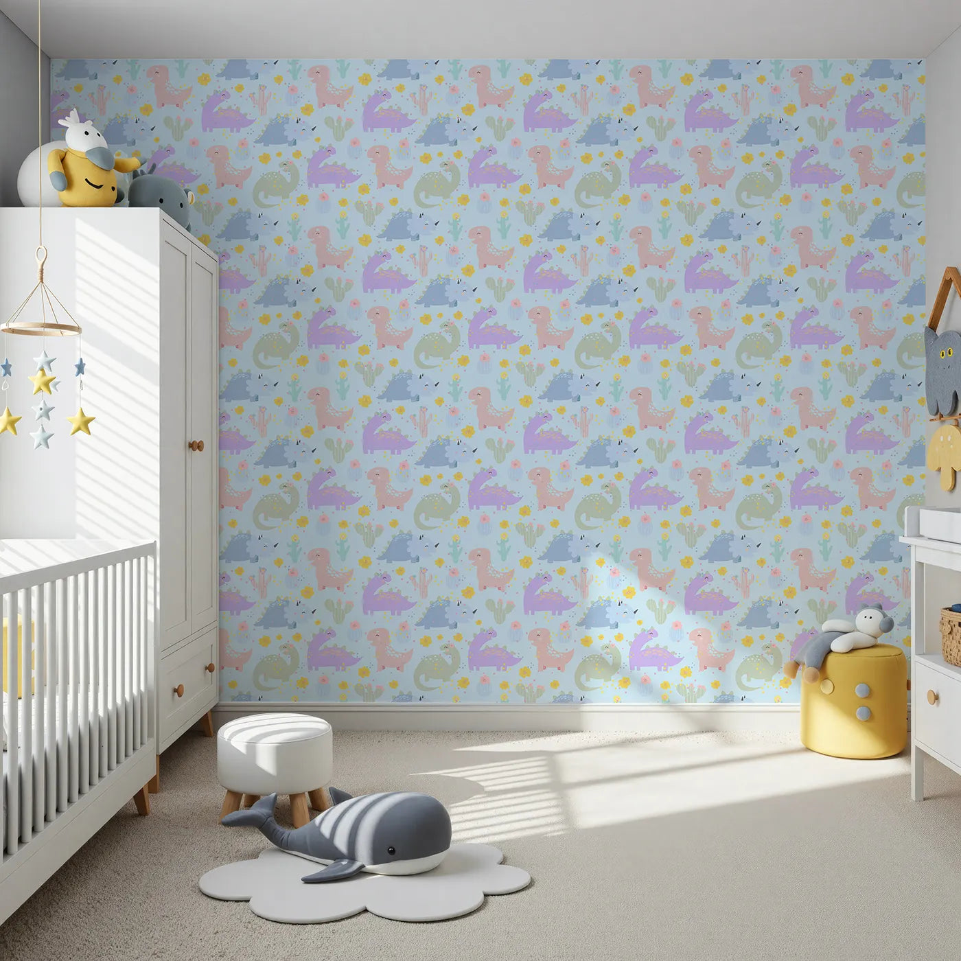 Front view of Whimsy Tots' Cactus Dino Parade Wallpaper in Blue