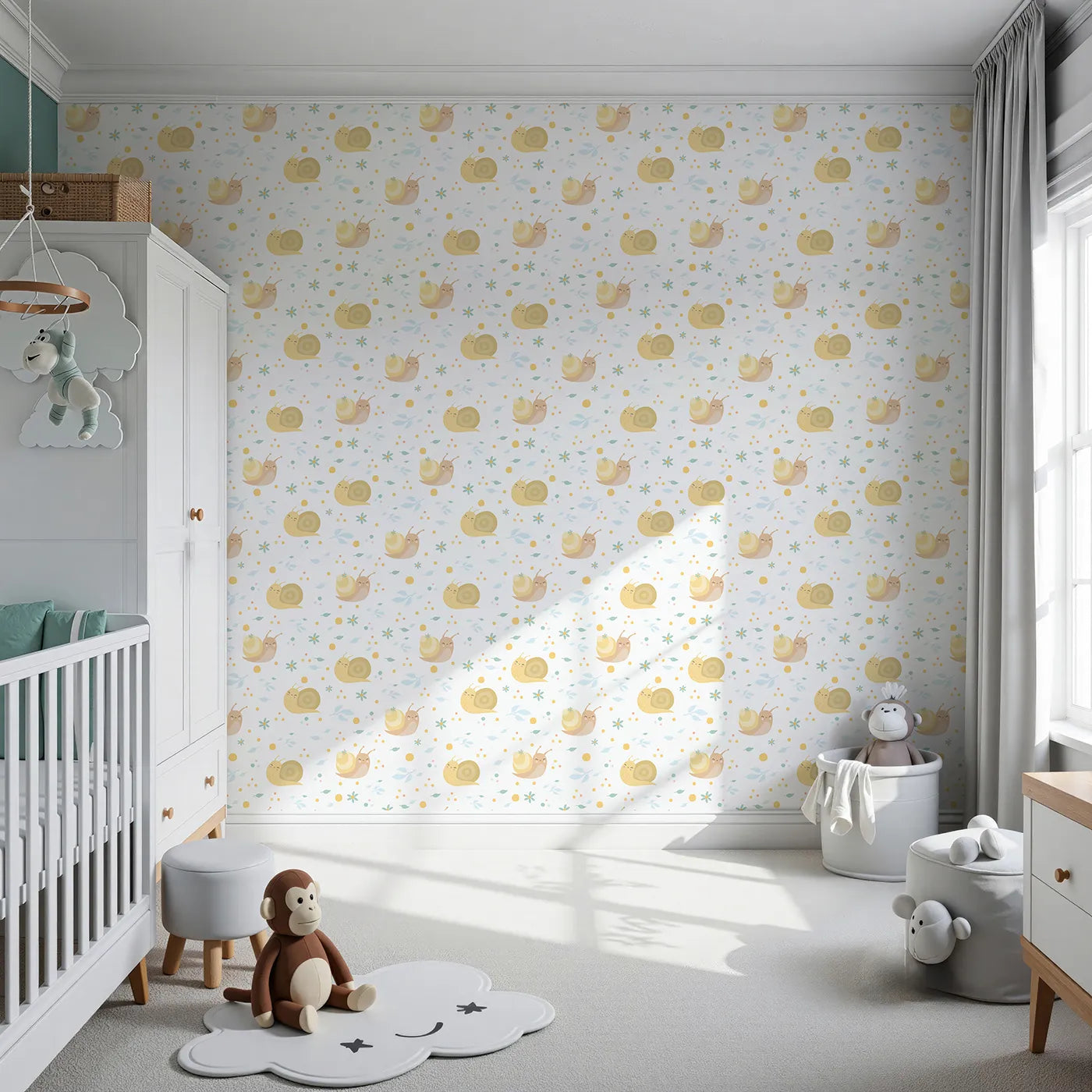 Front view of Whimsy Tots' Snail Meadow Cuddle Parade Wallpaper in White