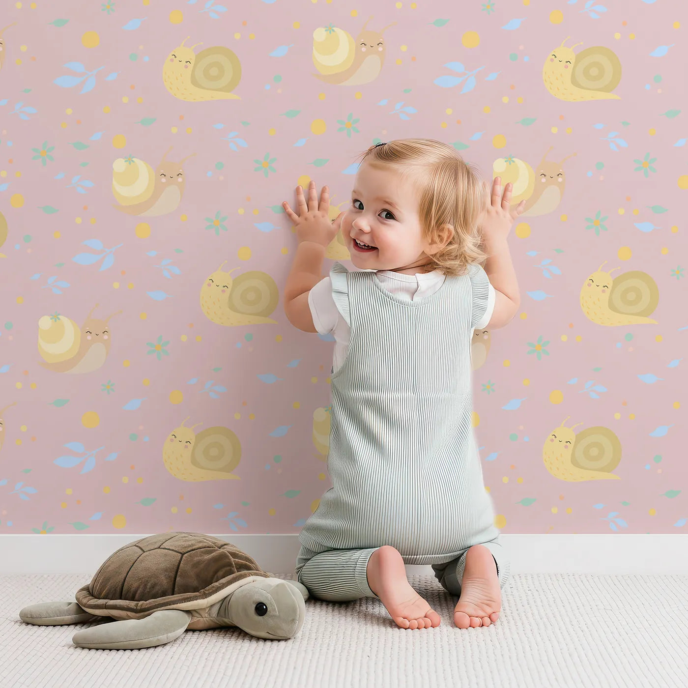 Lovely child standing in front of Whimsy Tots Snail Meadow Cuddle Parade Wallpaper in Blush Pink with snail, flower, leaf in design.