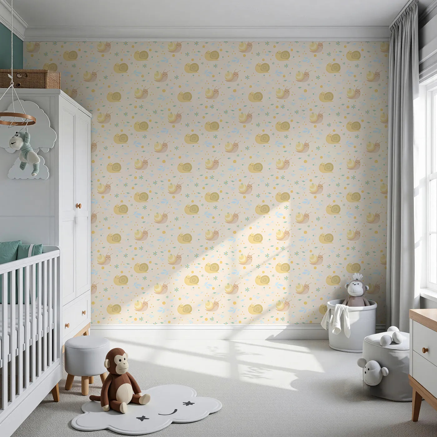 Front view of Whimsy Tots' Snail Meadow Cuddle Parade Wallpaper in Cream