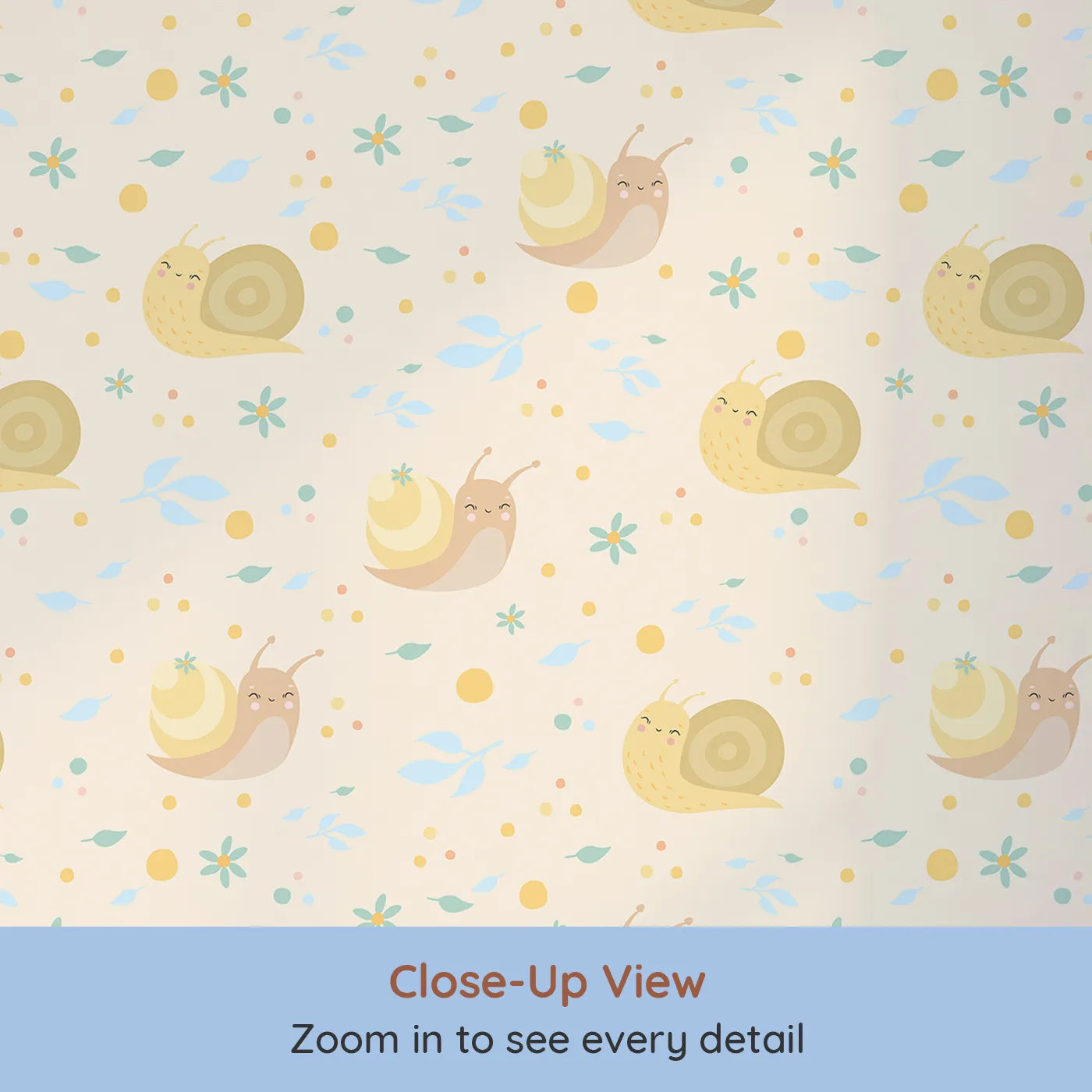 Close-up view of Whimsy Tots' Snail Meadow Cuddle Parade Wallpaper in Cream (W3170C).Gentle snails and dreamy florals float across a buttery cream backdrop.