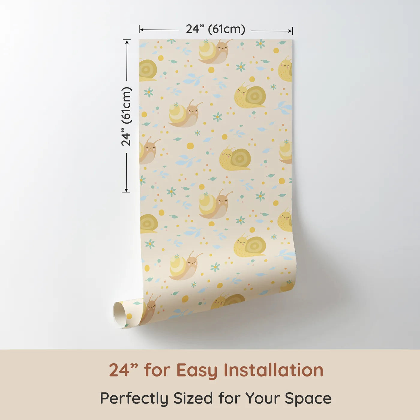 Dimension view of Whimsy Tots Snail Meadow Cuddle Parade Wallpaper in Cream (W3170C). Printed in 24-inch-wide panel for easy installation. Gentle snails and dreamy florals float across a buttery cream backdrop.