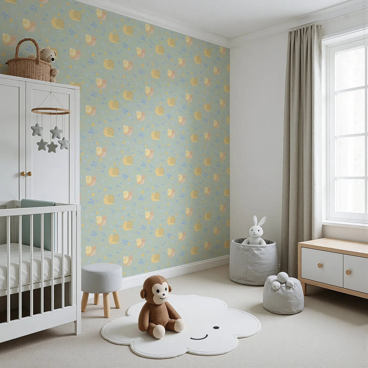 Angled view of Whimsy Tots' Snail Meadow Cuddle Parade Wallpaper in Sage Green (W3170D).Gentle snails and pastel petals wander across a peaceful sage meadow.