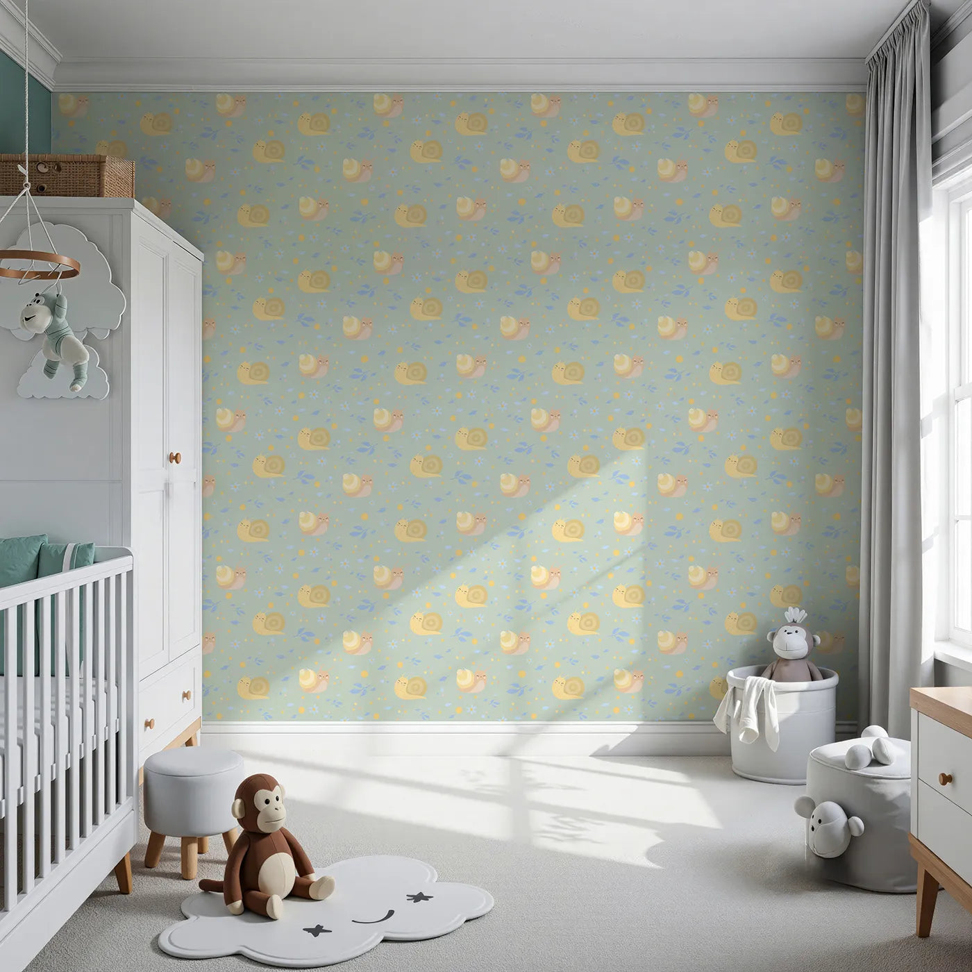 Front view of Whimsy Tots' Snail Meadow Cuddle Parade Wallpaper in Sage Green