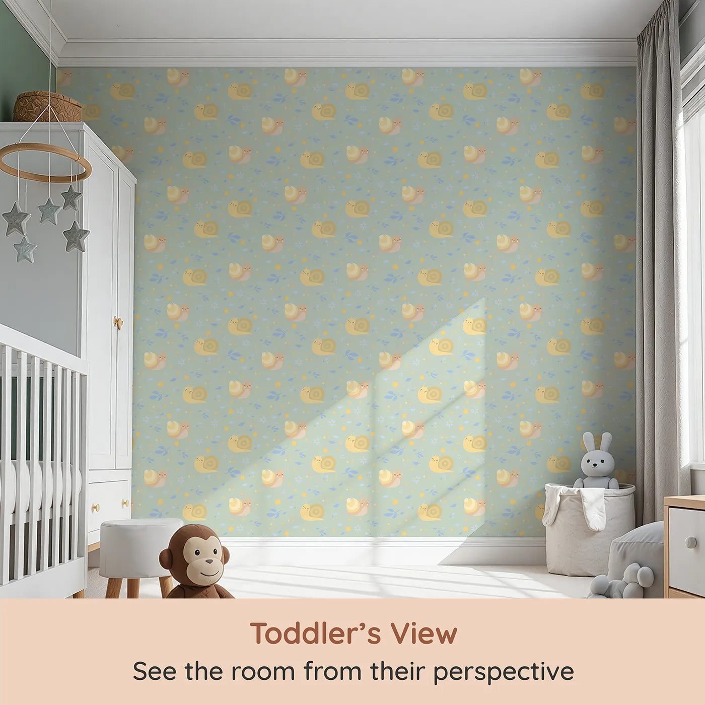 Whimsy Tots Snail Meadow Cuddle Parade Wallpaper in Sage Green (W3170D) from your child's view.Gentle snails and pastel petals wander across a peaceful sage meadow.