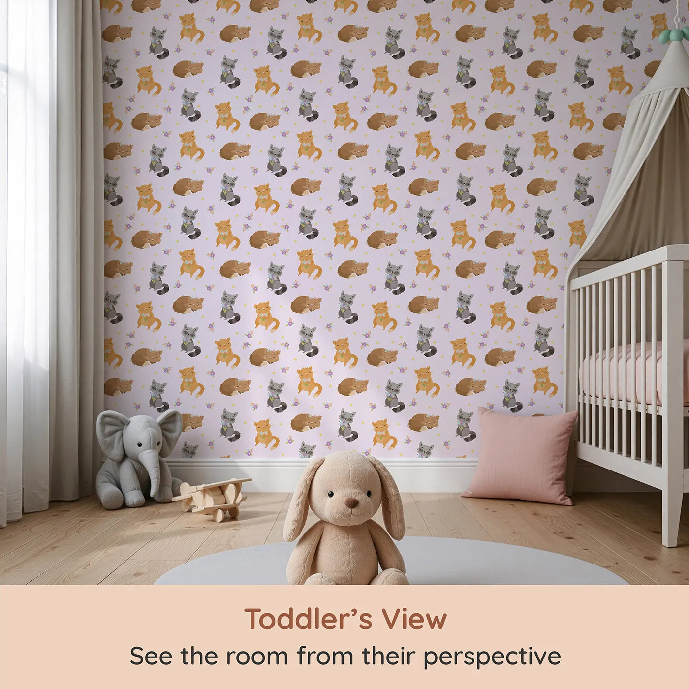Whimsy Tots Blossom Fox Nap Parade Wallpaper in Blush Pink (W3172B) from your child's view.Snuggly foxes and pastel blossoms curl up in a field of blush.