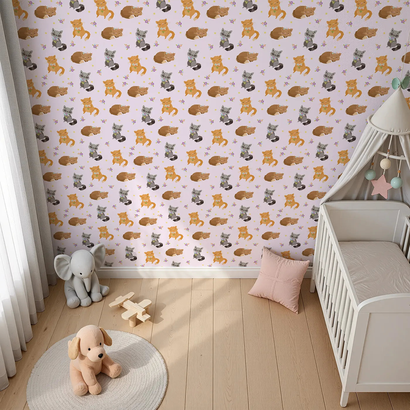 Top-Down view of Whimsy Tots' Blossom Fox Nap Parade Wallpaper in Blush Pink (W3172B).Snuggly foxes and pastel blossoms curl up in a field of blush.