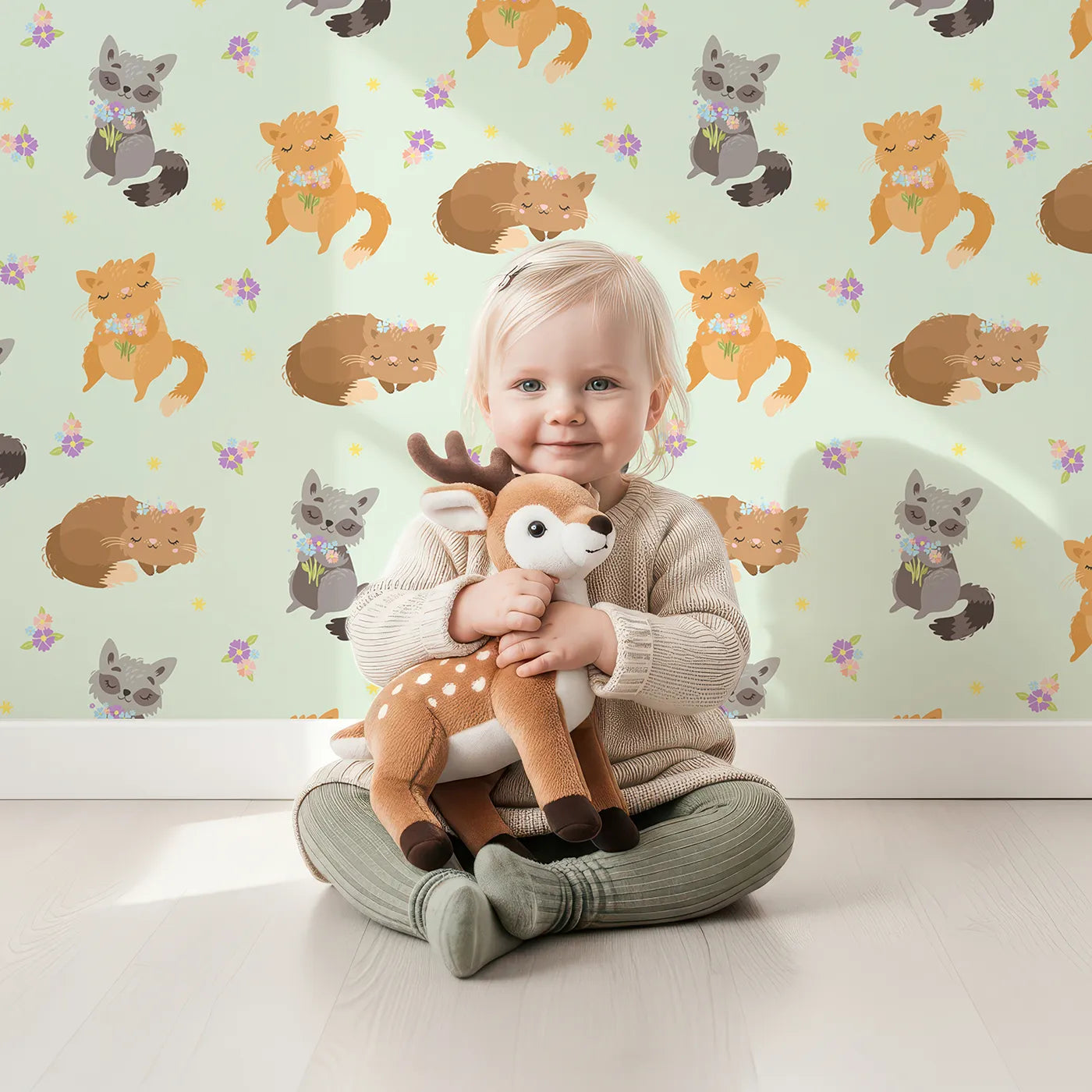 Lovely child standing in front of Whimsy Tots Blossom Fox Nap Parade Wallpaper in Mint Green with fox, flower, star in design.