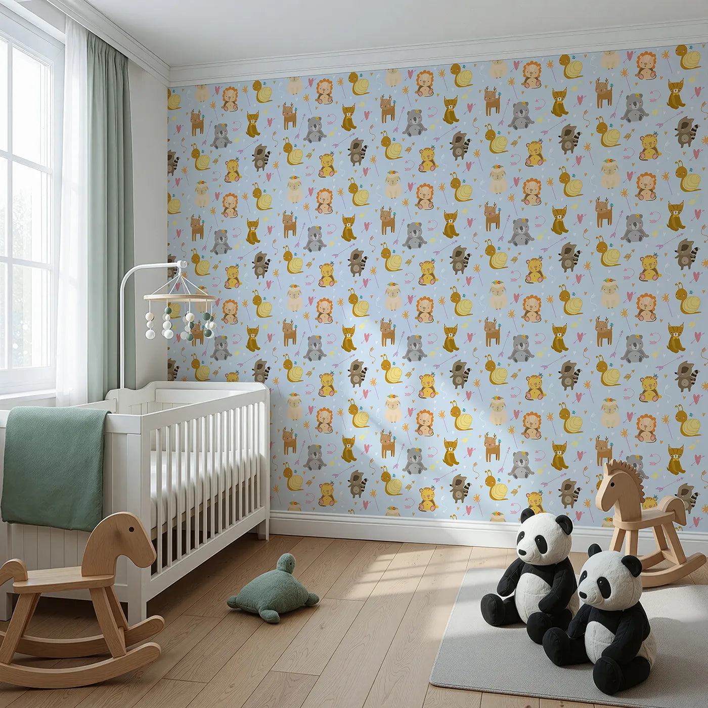 Angled view of Whimsy Tots' Magic Meadow Friends Wallpaper in Sky Blue (W3173A).Snails, deer, and forest friends play under heart-tipped arrows and sparkles.