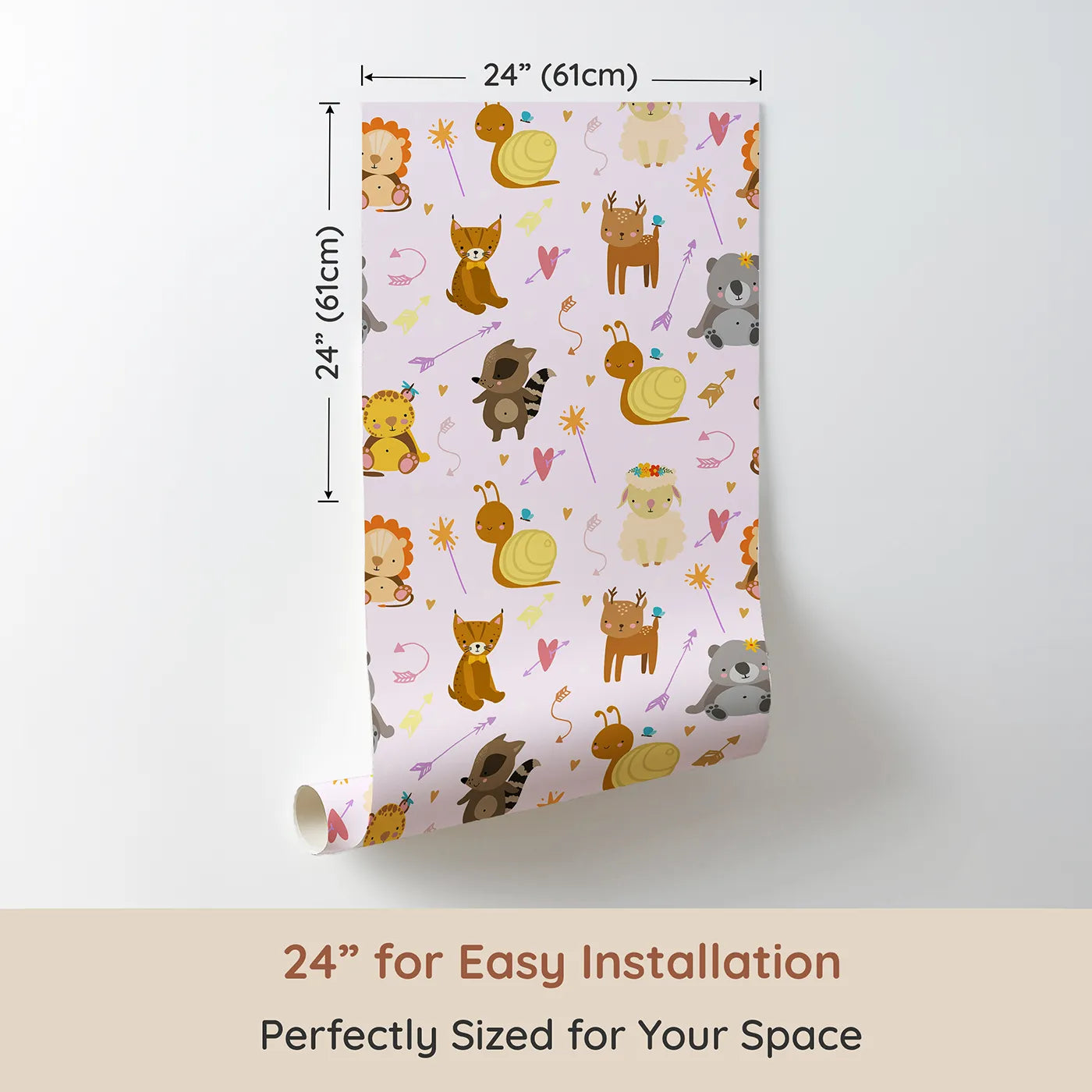 Dimension view of Whimsy Tots Magic Meadow Friends Wallpaper in Blush Pink (W3173B). Printed in 24-inch-wide panel for easy installation. Blushing animals and playful hearts drift through a world of gentle spells.