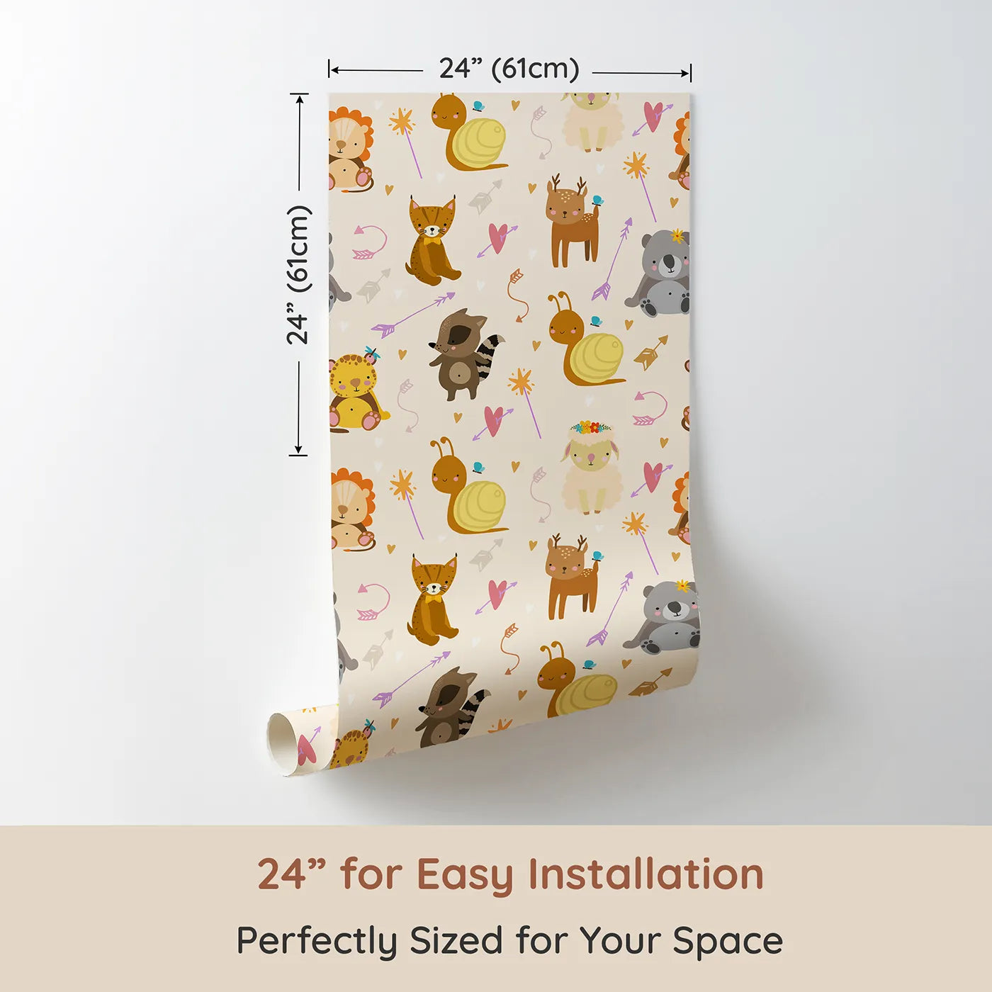 Dimension view of Whimsy Tots Magic Meadow Friends Wallpaper in Cream (W3173C). Printed in 24-inch-wide panel for easy installation. Forest friends and flying hearts wander through a creamy meadow.