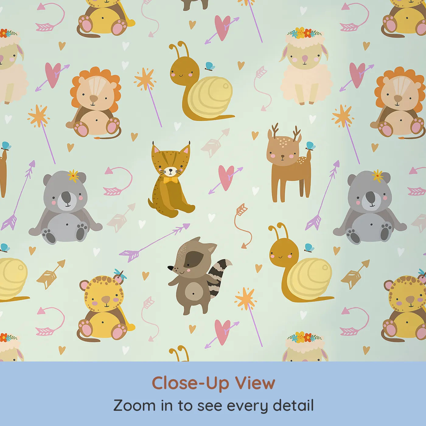 Close-up view of Whimsy Tots' Magic Meadow Friends Wallpaper in Mint Green (W3173D).Playful animals explore a world of hearts, arrows, and fairy wands.
