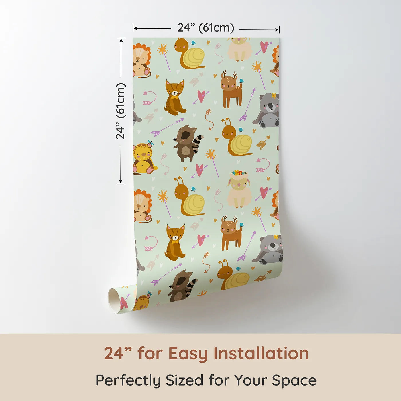 Dimension view of Whimsy Tots Magic Meadow Friends Wallpaper in Mint Green (W3173D). Printed in 24-inch-wide panel for easy installation. Playful animals explore a world of hearts, arrows, and fairy wands.