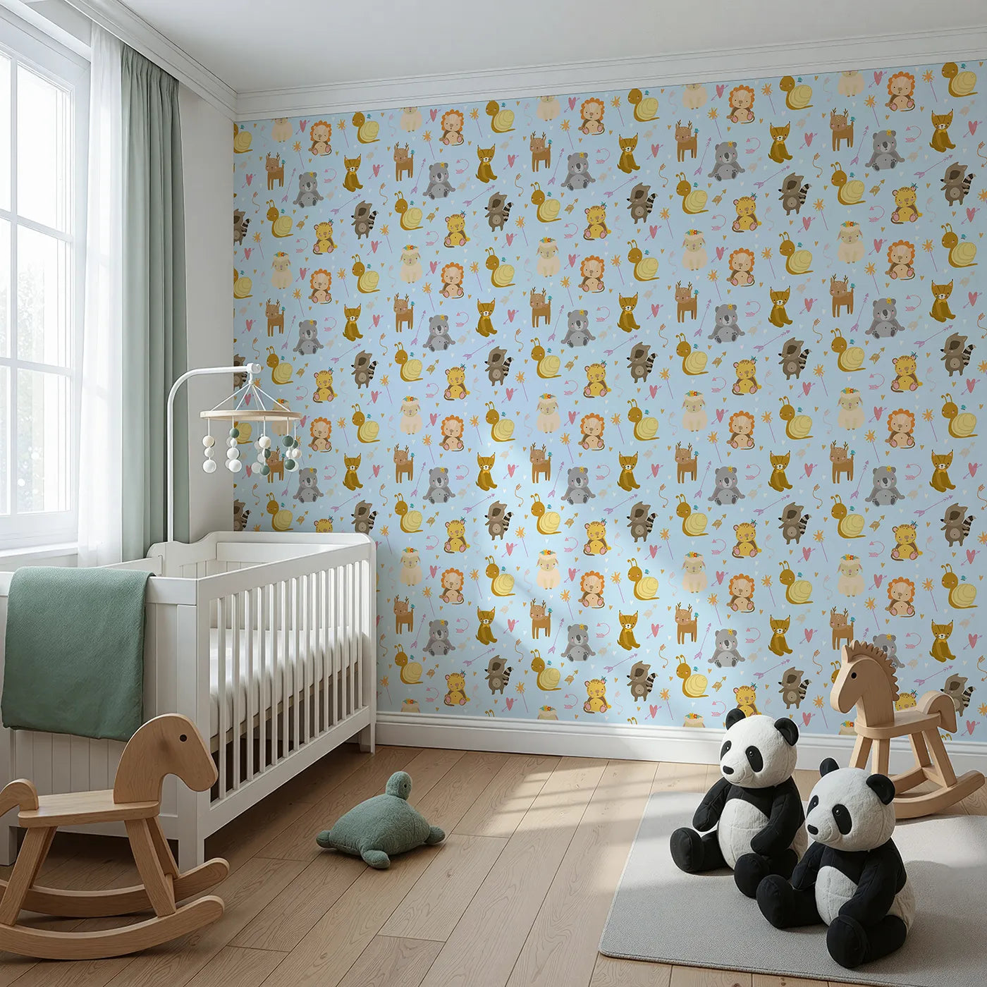 Angled view of Whimsy Tots' Magic Meadow Friends Wallpaper in Blue (W3173E).Sweet animal friends share giggles and gentle magic across soft skies.