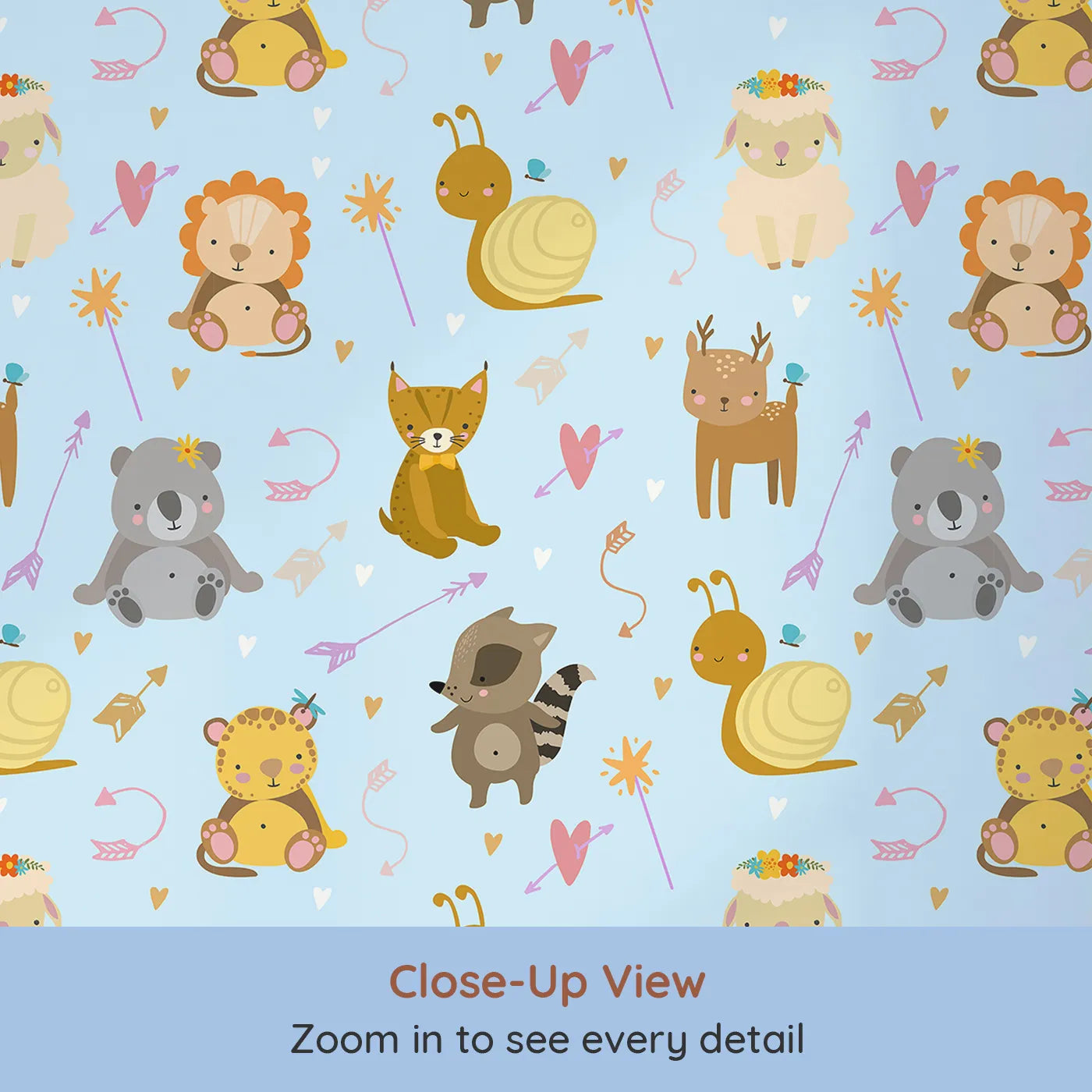 Close-up view of Whimsy Tots' Magic Meadow Friends Wallpaper in Blue (W3173E).Sweet animal friends share giggles and gentle magic across soft skies.