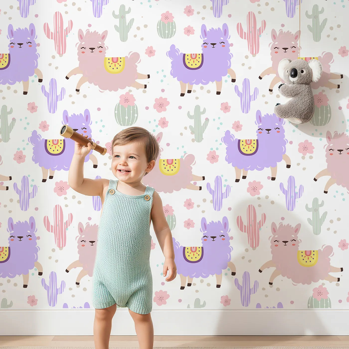 Lovely child standing in front of Whimsy Tots Bouncing Llama Fiesta Wallpaper in White with llama, cactus, flower, confetti in design.