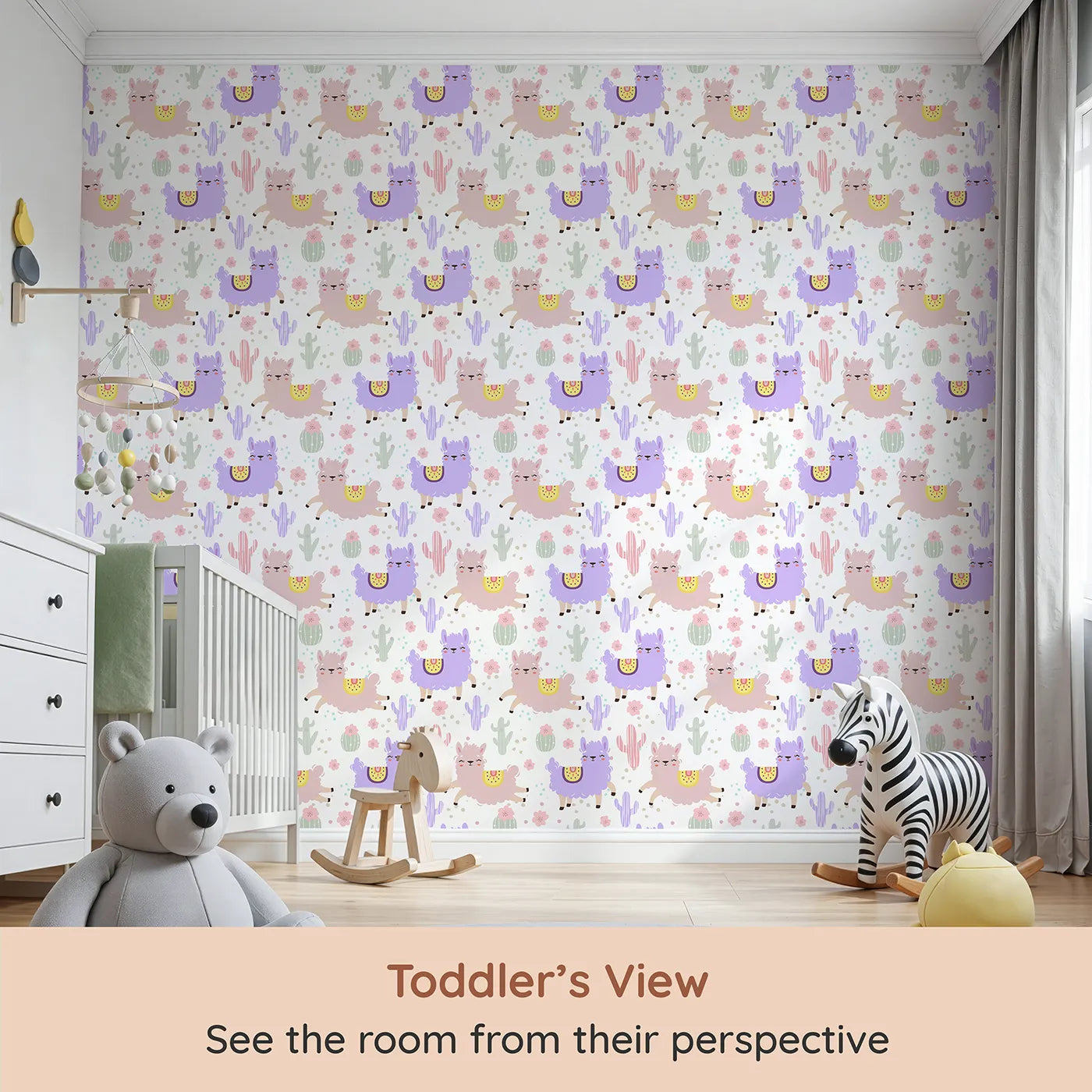 Whimsy Tots Bouncing Llama Fiesta Wallpaper in White (W3174A) from your child's view.Smiling llamas and playful cactus pals fill the air with fiesta fun.