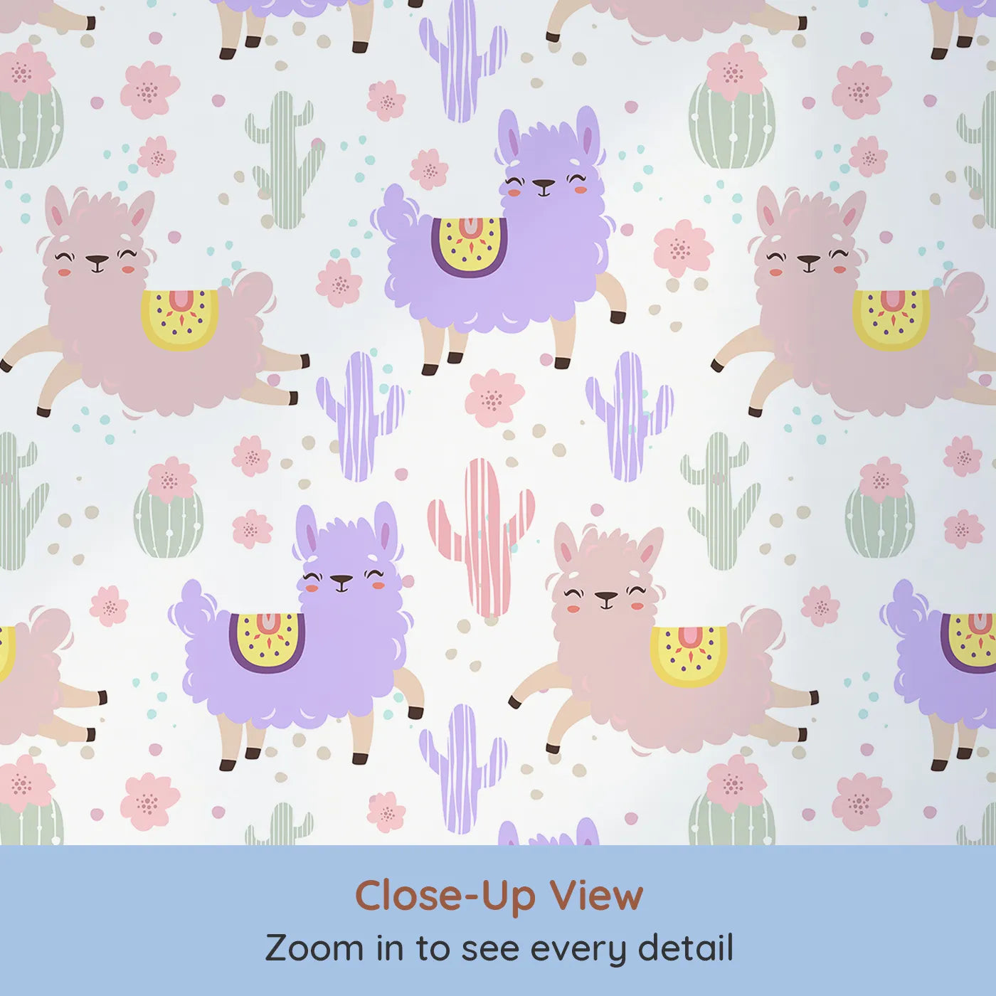 Close-up view of Whimsy Tots' Bouncing Llama Fiesta Wallpaper in White (W3174A).Smiling llamas and playful cactus pals fill the air with fiesta fun.