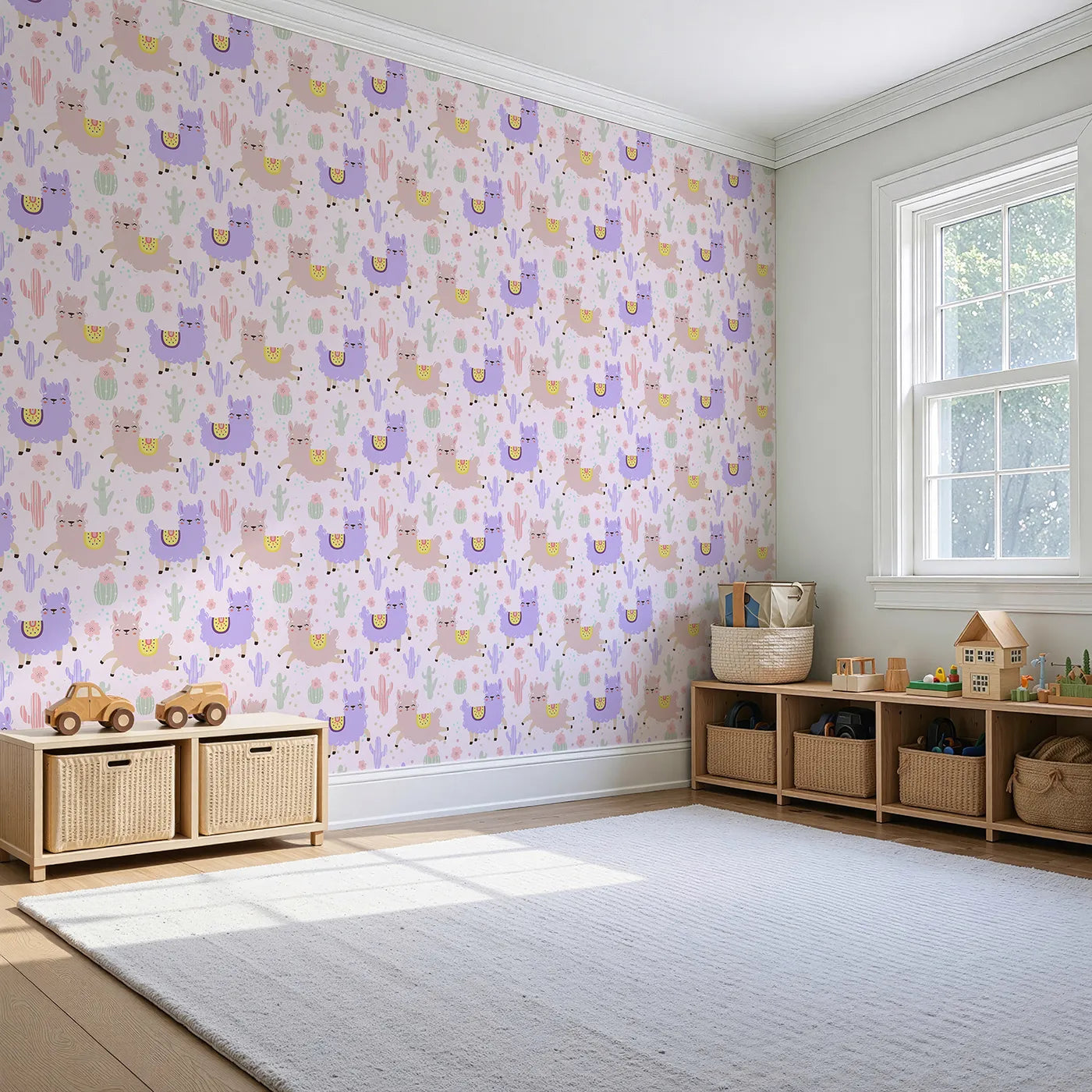 Angled view of Whimsy Tots' Bouncing Llama Fiesta Wallpaper in Pink Blush (W3174B).Smiling llamas and playful cactus pals fill the air with fiesta fun.