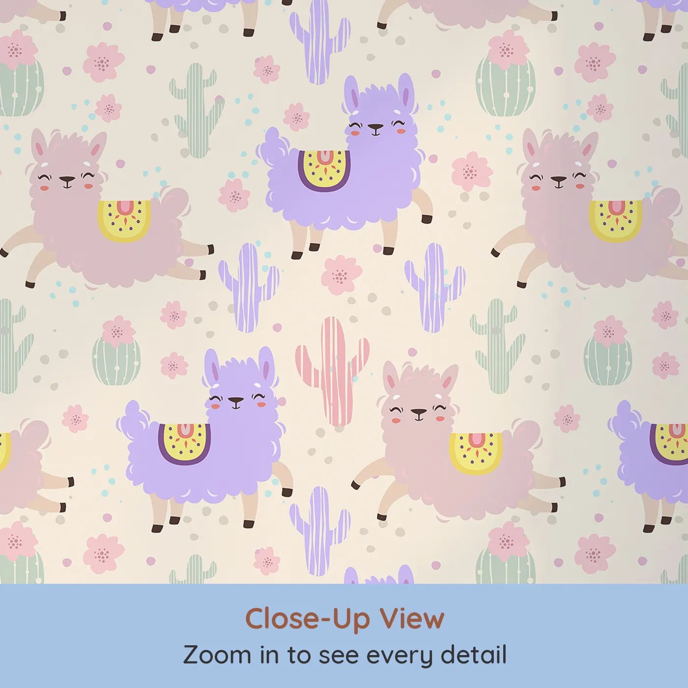 Close-up view of Whimsy Tots' Bouncing Llama Fiesta Wallpaper in Cream (W3174C).Smiling llamas and playful cactus pals fill the air with fiesta fun.