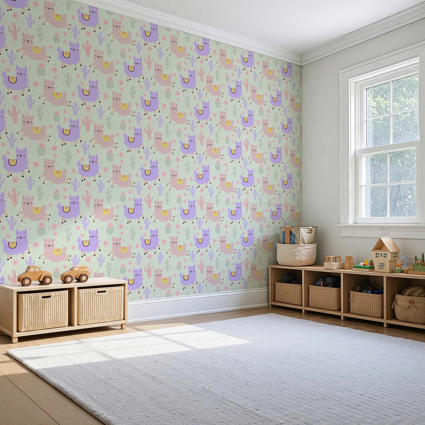 Angled view of Whimsy Tots' Bouncing Llama Fiesta Wallpaper in Mint Green (W3174D).Smiling llamas and playful cactus pals fill the air with fiesta fun.
