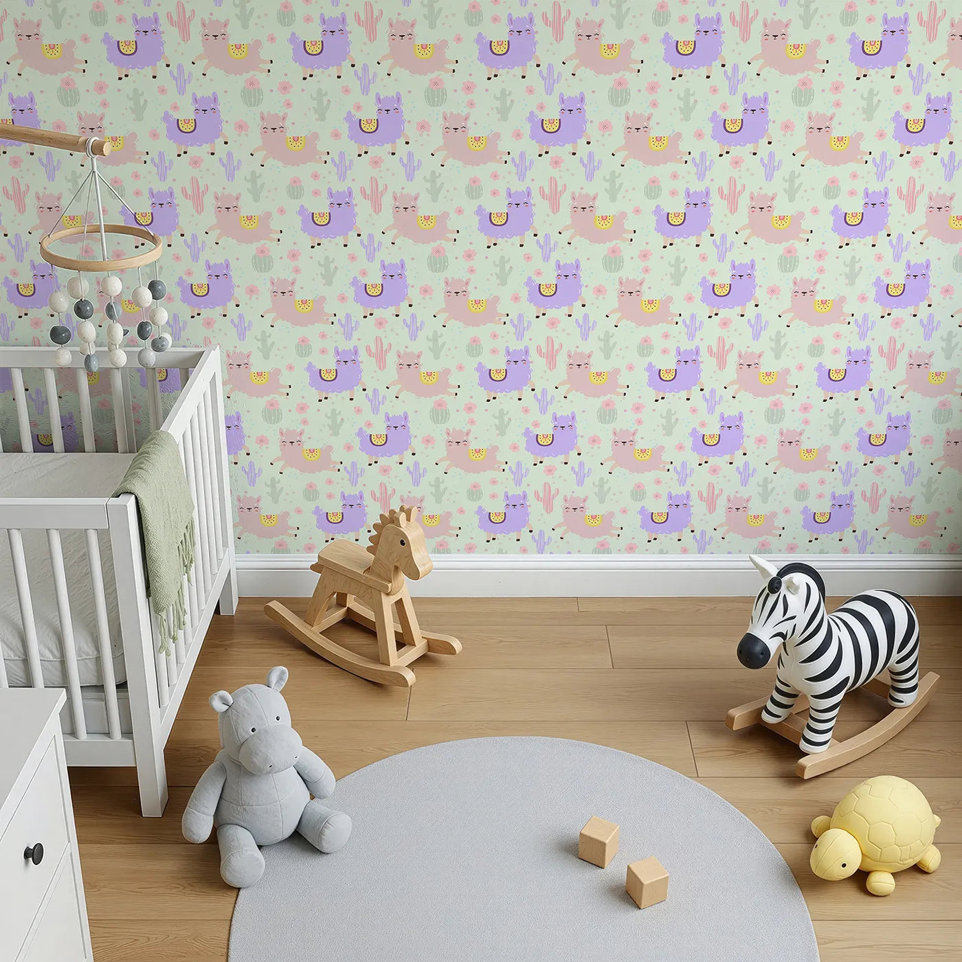 Top-Down view of Whimsy Tots' Bouncing Llama Fiesta Wallpaper in Mint Green (W3174D).Smiling llamas and playful cactus pals fill the air with fiesta fun.