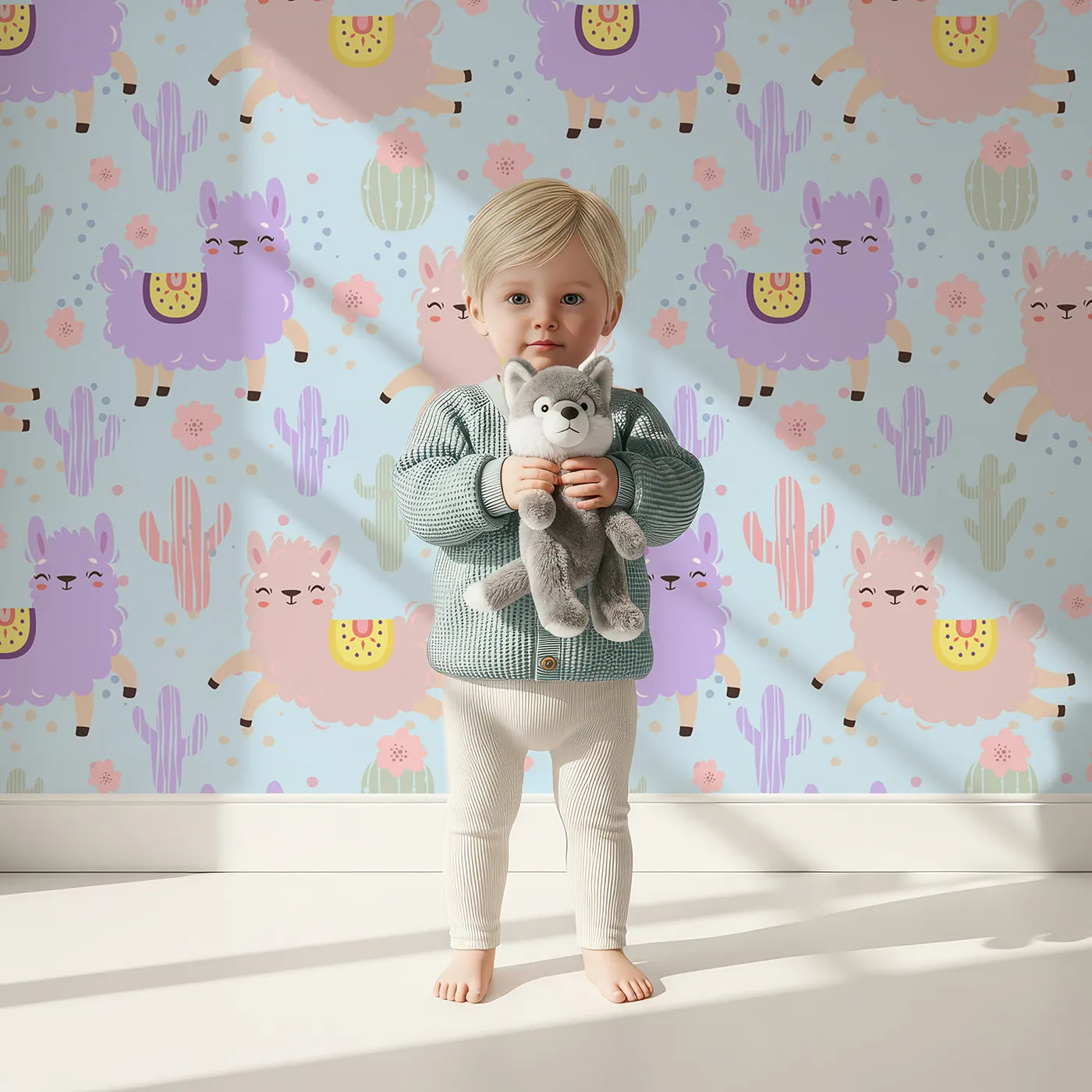 Lovely child standing in front of Whimsy Tots Bouncing Llama Fiesta Wallpaper in Sky Blue with llama, cactus, flower, confetti in design.