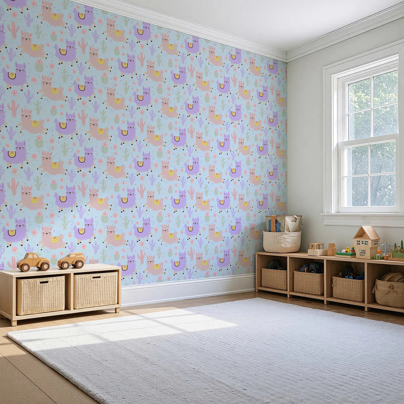 Angled view of Whimsy Tots' Bouncing Llama Fiesta Wallpaper in Sky Blue (W3174E).Smiling llamas and playful cactus pals fill the air with fiesta fun.
