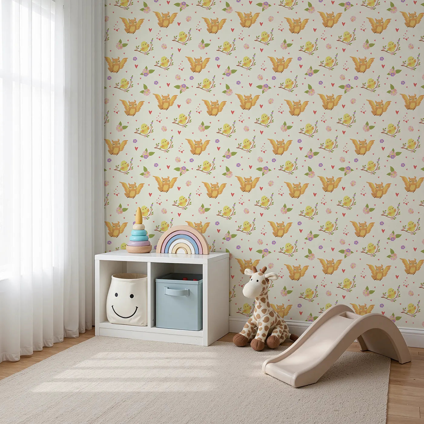 Angled view of Whimsy Tots' Tweeting Lovebirds Wallpaper in Cream (W3175A).Chirping friends and fluttery hearts bring gentle joy to every wall.