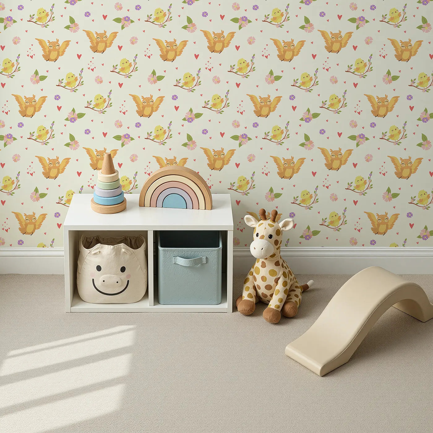 Top-Down view of Whimsy Tots' Tweeting Lovebirds Wallpaper in Cream (W3175A).Chirping friends and fluttery hearts bring gentle joy to every wall.