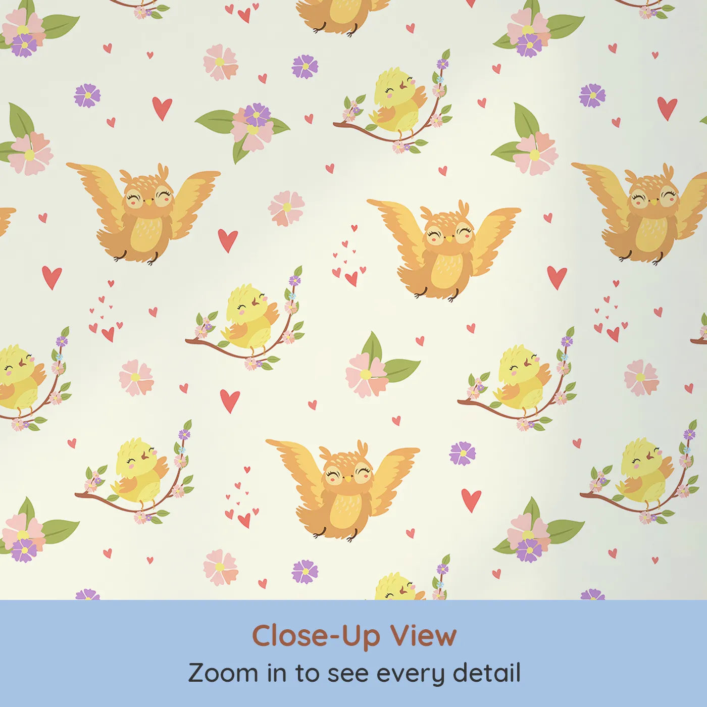 Close-up view of Whimsy Tots' Tweeting Lovebirds Wallpaper in Cream (W3175A).Chirping friends and fluttery hearts bring gentle joy to every wall.