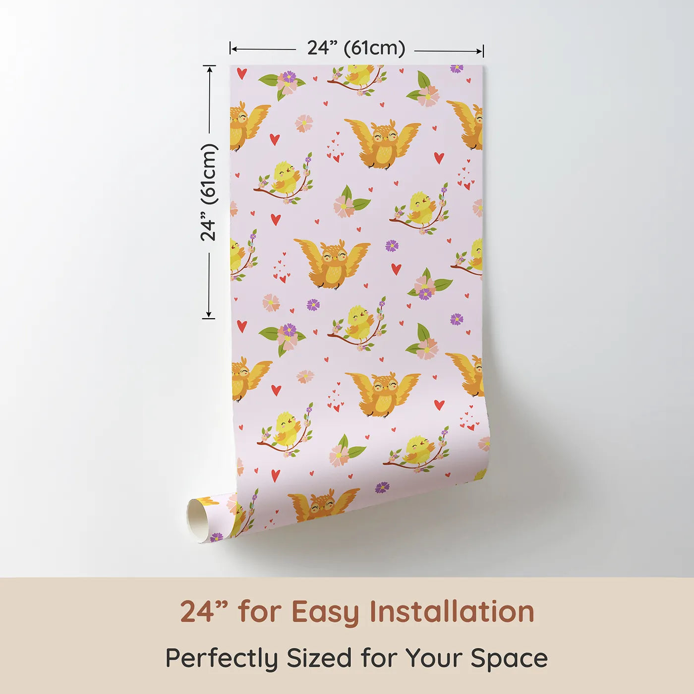 Dimension view of Whimsy Tots Tweeting Lovebirds Wallpaper in Pink (W3175B). Printed in 24-inch-wide panel for easy installation. Chirping friends and fluttery hearts bring gentle joy to every wall.