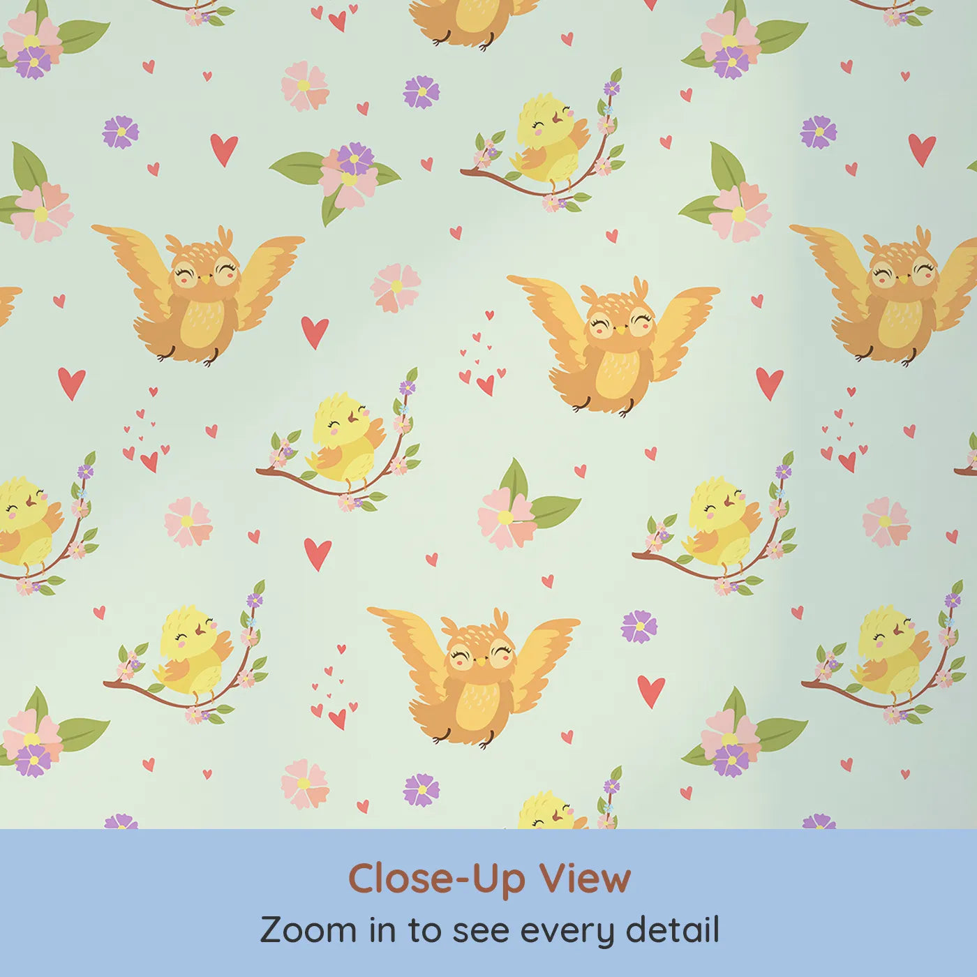 Close-up view of Whimsy Tots' Tweeting Lovebirds Wallpaper in Mint Green (W3175C).Chirping friends and fluttery hearts bring gentle joy to every wall.