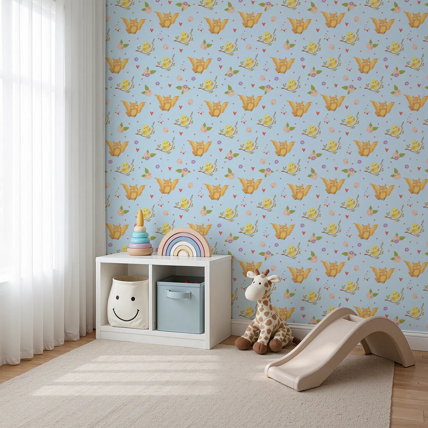 Angled view of Whimsy Tots' Tweeting Lovebirds Wallpaper in Blue (W3175D).Chirping friends and fluttery hearts bring gentle joy to every wall.