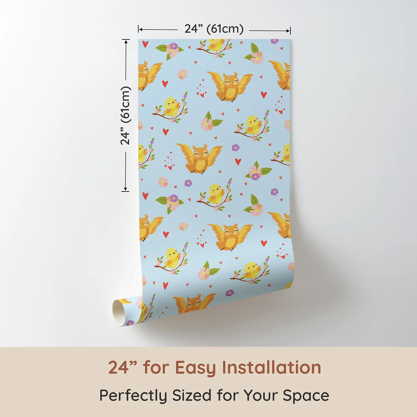 Dimension view of Whimsy Tots Tweeting Lovebirds Wallpaper in Blue (W3175D). Printed in 24-inch-wide panel for easy installation. Chirping friends and fluttery hearts bring gentle joy to every wall.