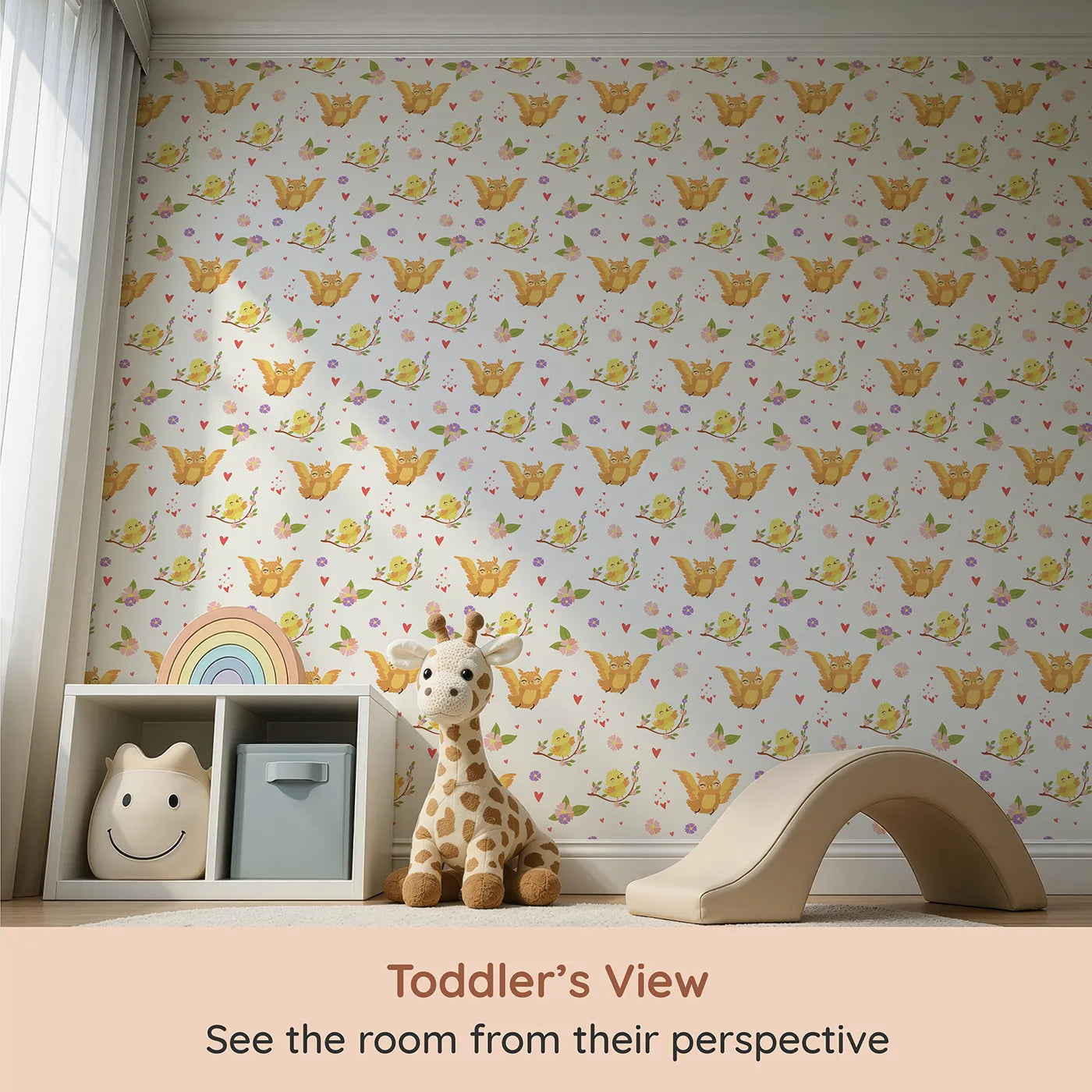 Whimsy Tots Tweeting Lovebirds Wallpaper in Soft White (W3175E) from your child's view.Chirping friends and fluttery hearts bring gentle joy to every wall.