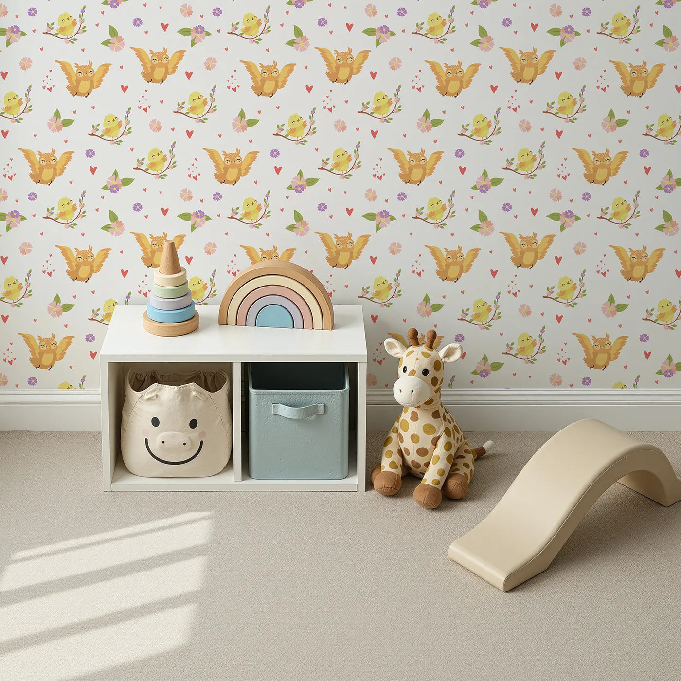 Top-Down view of Whimsy Tots' Tweeting Lovebirds Wallpaper in Soft White (W3175E).Chirping friends and fluttery hearts bring gentle joy to every wall.