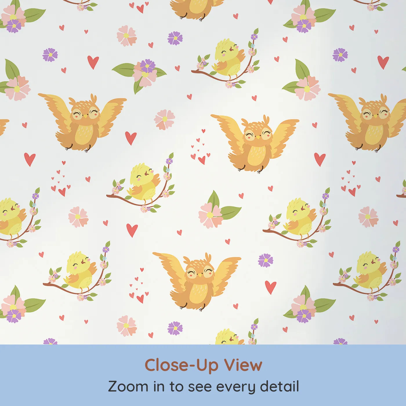 Close-up view of Whimsy Tots' Tweeting Lovebirds Wallpaper in Soft White (W3175E).Chirping friends and fluttery hearts bring gentle joy to every wall.