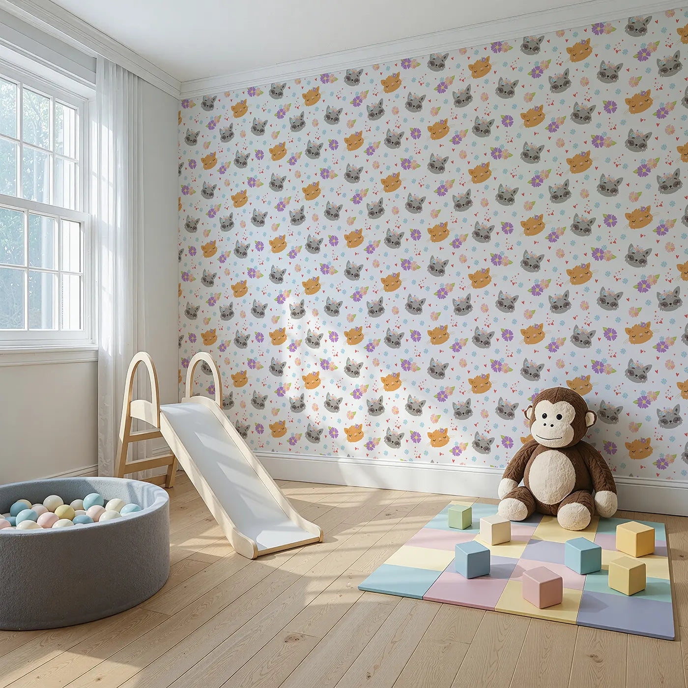 Angled view of Whimsy Tots' Meadow Snuggle Faces Wallpaper in White (W3176A).Gentle animal faces bloom with love among soft petals and hearts.