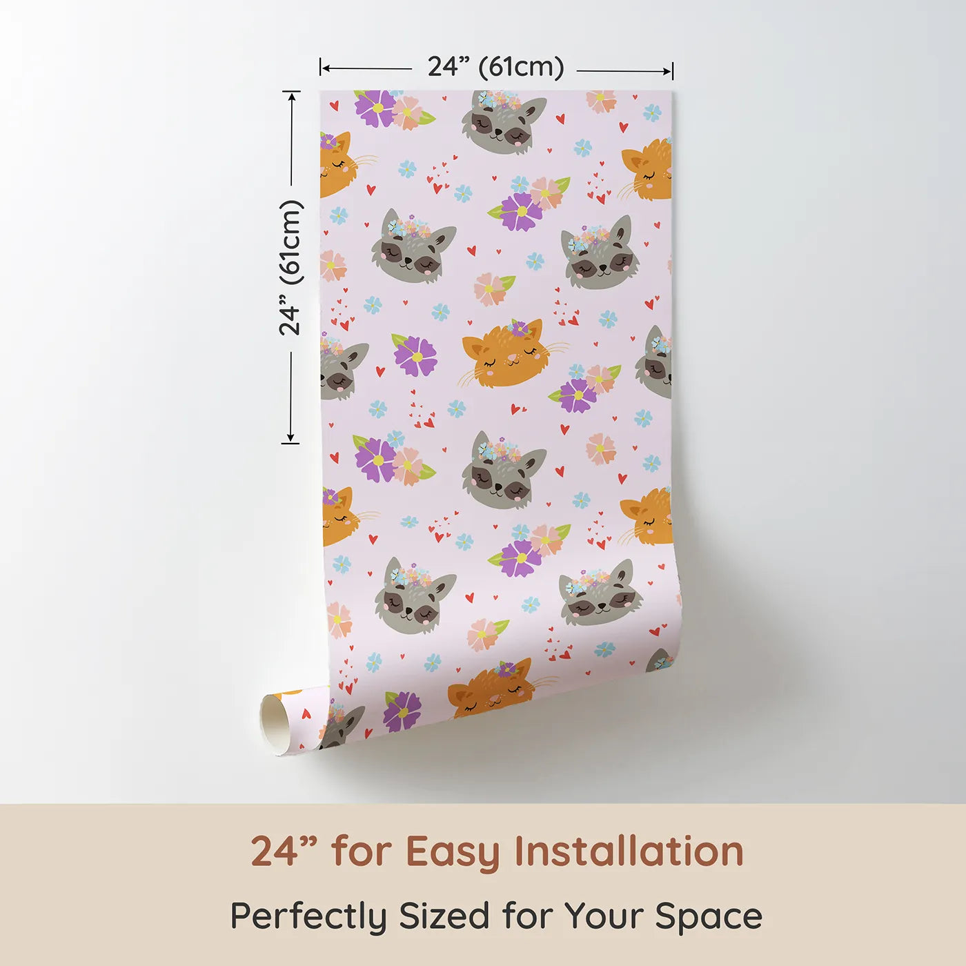 Dimension view of Whimsy Tots Meadow Snuggle Faces Wallpaper in Pink (W3176B). Printed in 24-inch-wide panel for easy installation. Gentle animal faces bloom with love among soft petals and hearts.