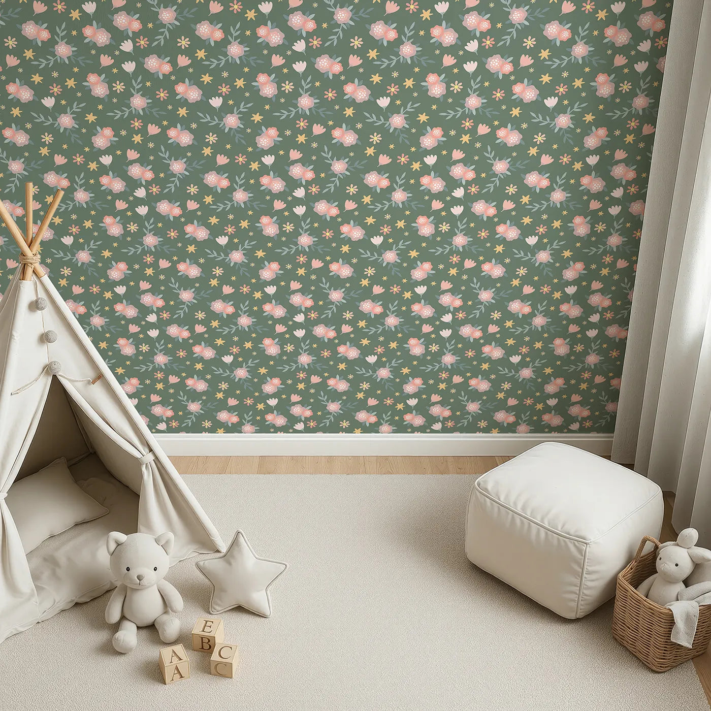 Top-Down view of Whimsy Tots' Twilight Wildflower Waltz Wallpaper in Forest Green (W3177B).Peachy florals and golden stars sway gently across a forest green sky.