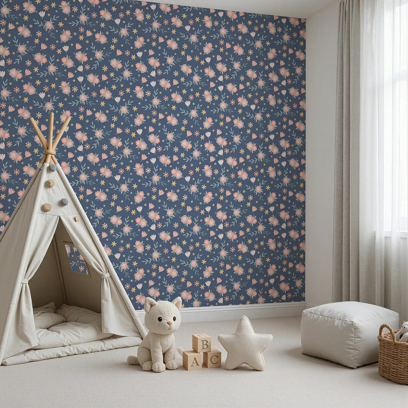 Angled view of Whimsy Tots' Twilight Wildflower Waltz Wallpaper in Blue (W3177C).Soft wildflowers drift gently across a calm twilight sky.