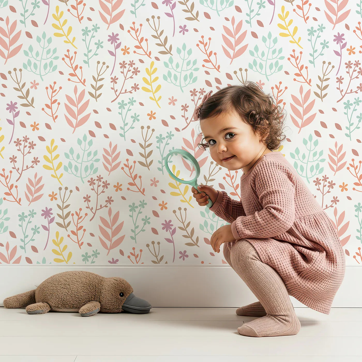 Lovely child standing in front of Whimsy Tots Whimsy Meadow Sketch Wallpaper in White with leaf, flower, branch in design.