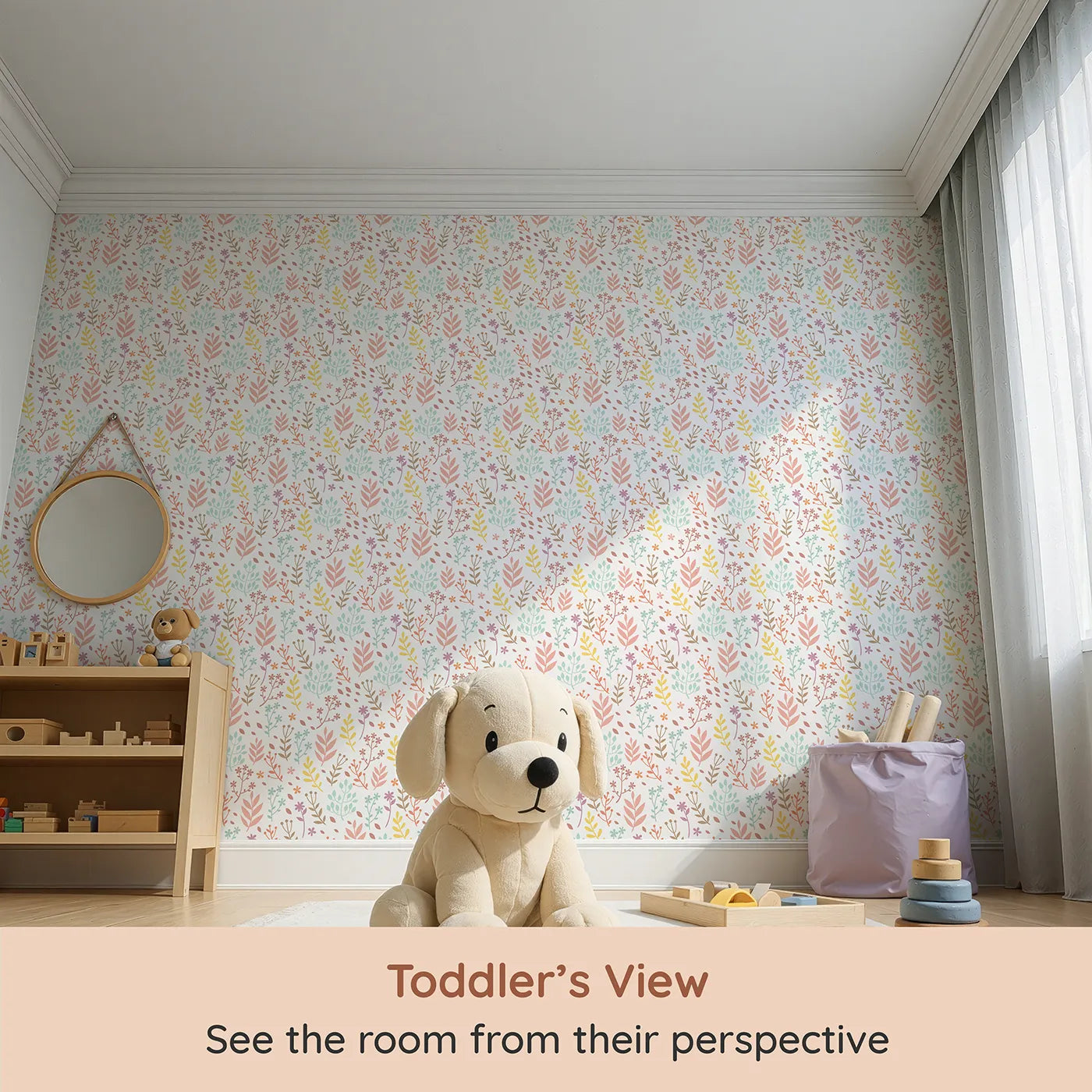 Whimsy Tots Whimsy Meadow Sketch Wallpaper in White (W3178A) from your child's view.Playful pastel branches and blooms dance across a soft white sky.