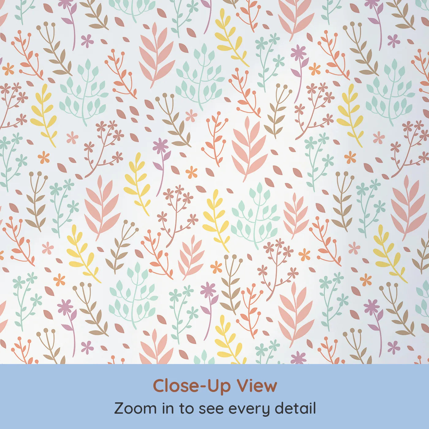 Close-up view of Whimsy Tots' Whimsy Meadow Sketch Wallpaper in White (W3178A).Playful pastel branches and blooms dance across a soft white sky.